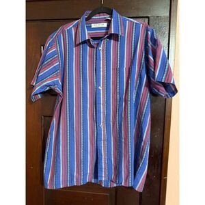 Basic Options Mens Large Blue Vintage Striped Short Sleeve Button Down Shirt